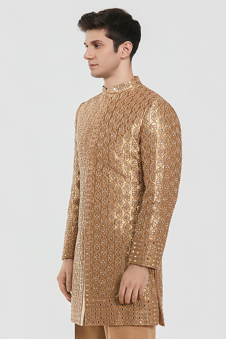 Gold Shimmer Fabric Mirror Work Groom Sherwani Set by Abhinav Mishra Men at Pernia's Pop Up Shop