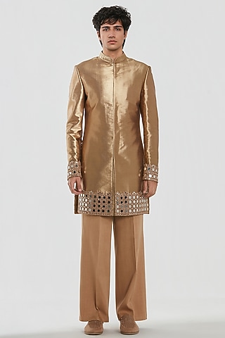 Gold Shimmer Mirror Work Sherwani Set by Abhinav Mishra Men
