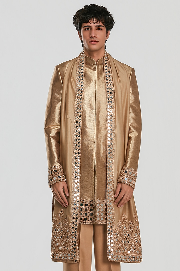 Gold Shimmer Mirror Work Groom Sherwani Set by Abhinav Mishra Men at Pernia's Pop Up Shop