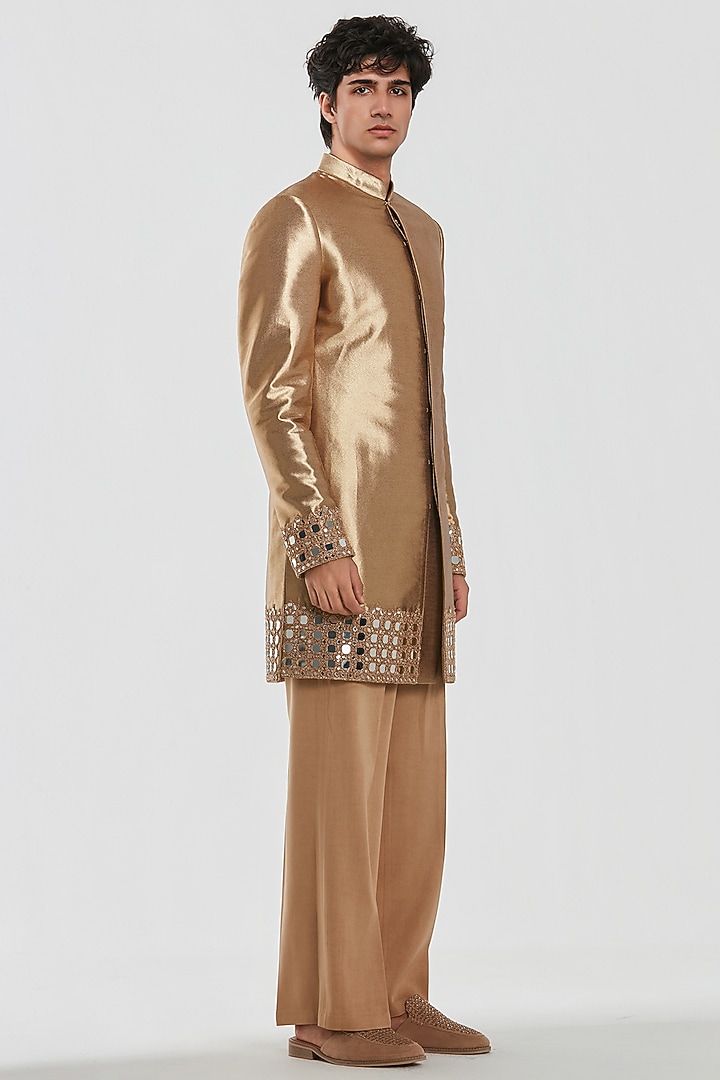 Gold Shimmer Mirror Work Groom Sherwani Set by Abhinav Mishra Men at Pernia's Pop Up Shop