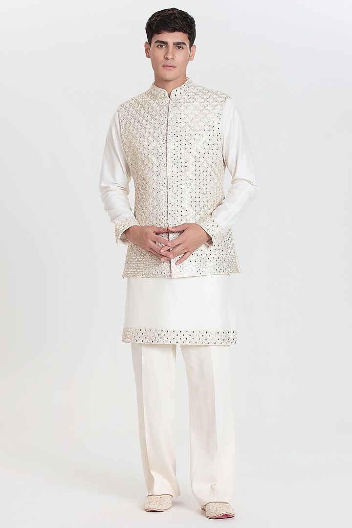 Ivory Chanderi Bundi Jacket Set by Abhinav Mishra Men at Pernia's Pop Up Shop