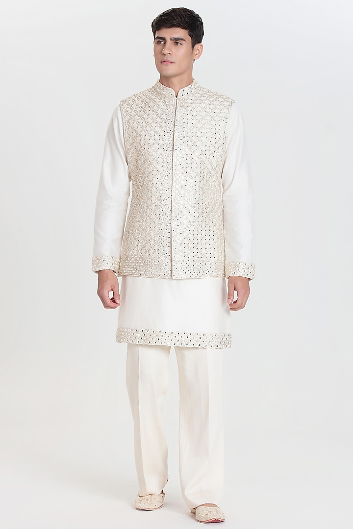 Ivory Chanderi Bundi Jacket Set by Abhinav Mishra Men at Pernia's Pop Up Shop