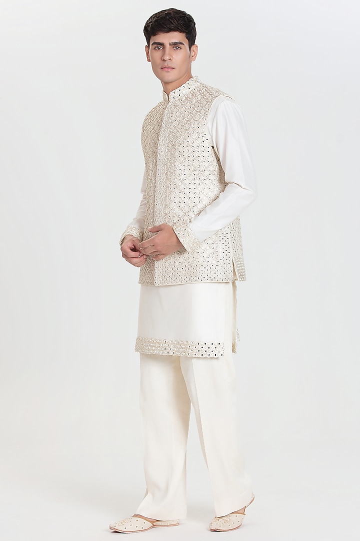 Ivory Chanderi Bundi Jacket Set by Abhinav Mishra Men at Pernia's Pop Up Shop