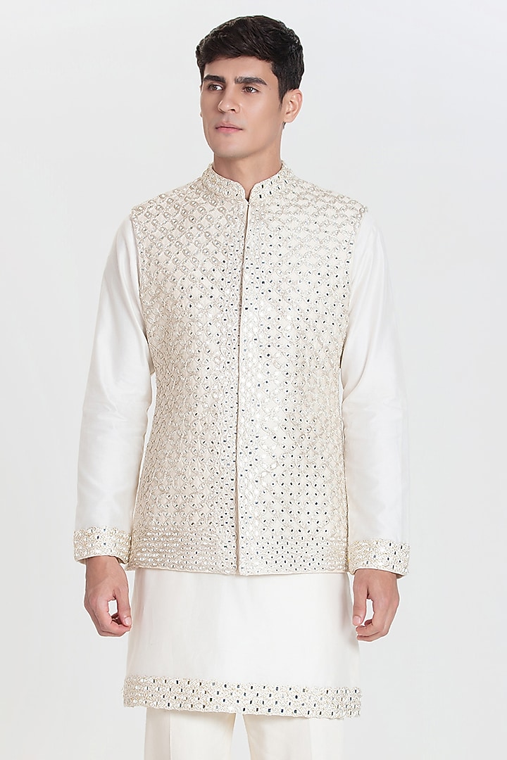 Ivory Chanderi Bundi Jacket Set by Abhinav Mishra Men at Pernia's Pop Up Shop