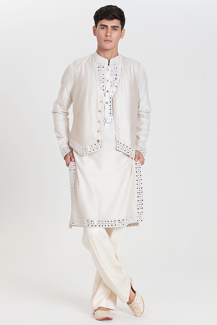 Ivory Chanderi Bundi Jacket Set by Abhinav Mishra Men at Pernia's Pop Up Shop
