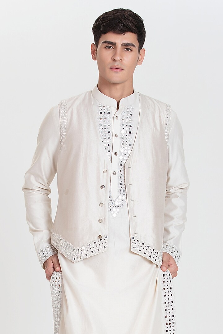 Ivory Chanderi Bundi Jacket Set by Abhinav Mishra Men at Pernia's Pop Up Shop