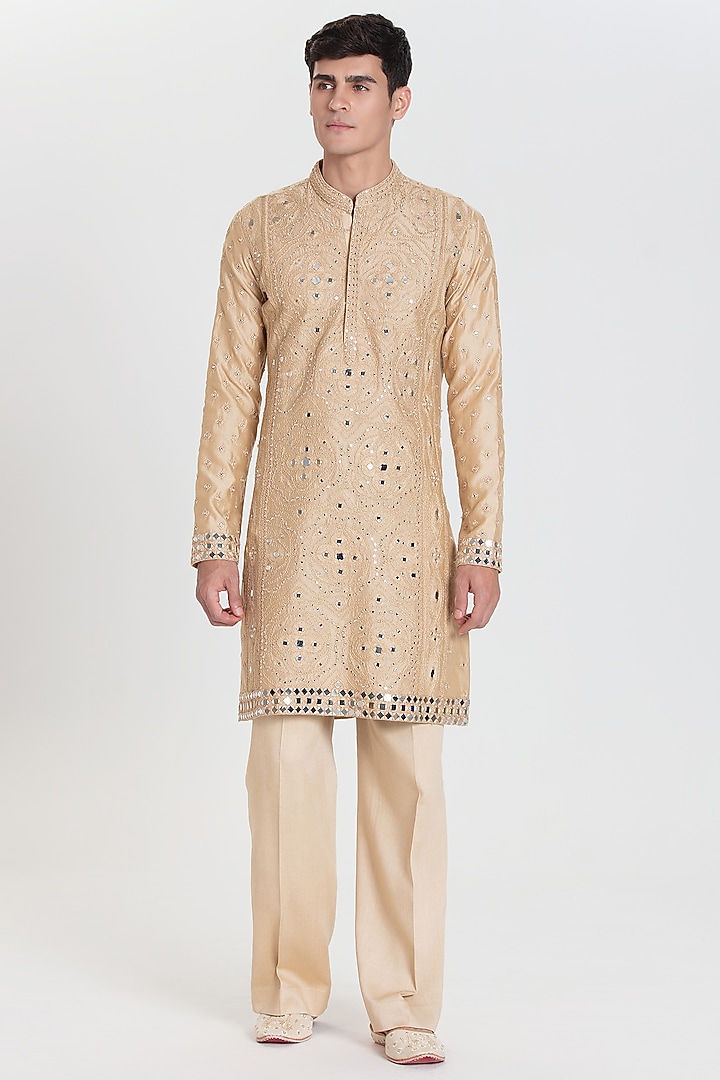 Beige Chanderi Kurta Set by Abhinav Mishra Men at Pernia's Pop Up Shop