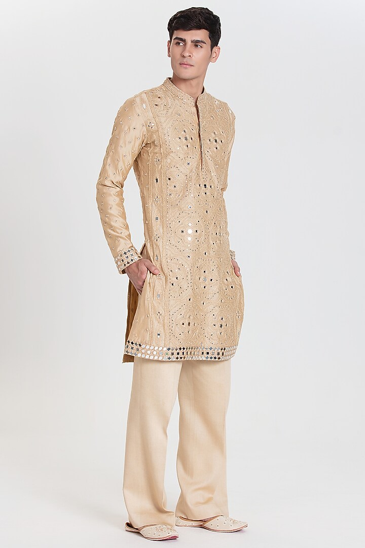 Beige Chanderi Kurta Set by Abhinav Mishra Men at Pernia's Pop Up Shop