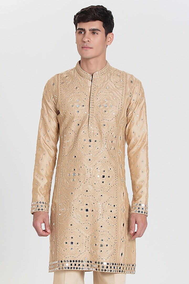 Beige Chanderi Kurta Set by Abhinav Mishra Men at Pernia's Pop Up Shop