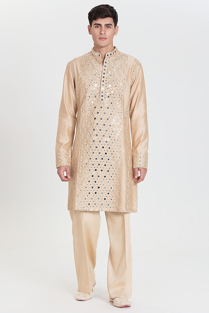 Beige Chanderi Kurta Set by Abhinav Mishra Men at Pernia's Pop Up Shop