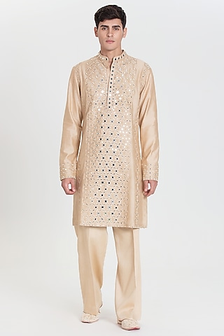 Beige Chanderi Kurta Set by Abhinav Mishra Men