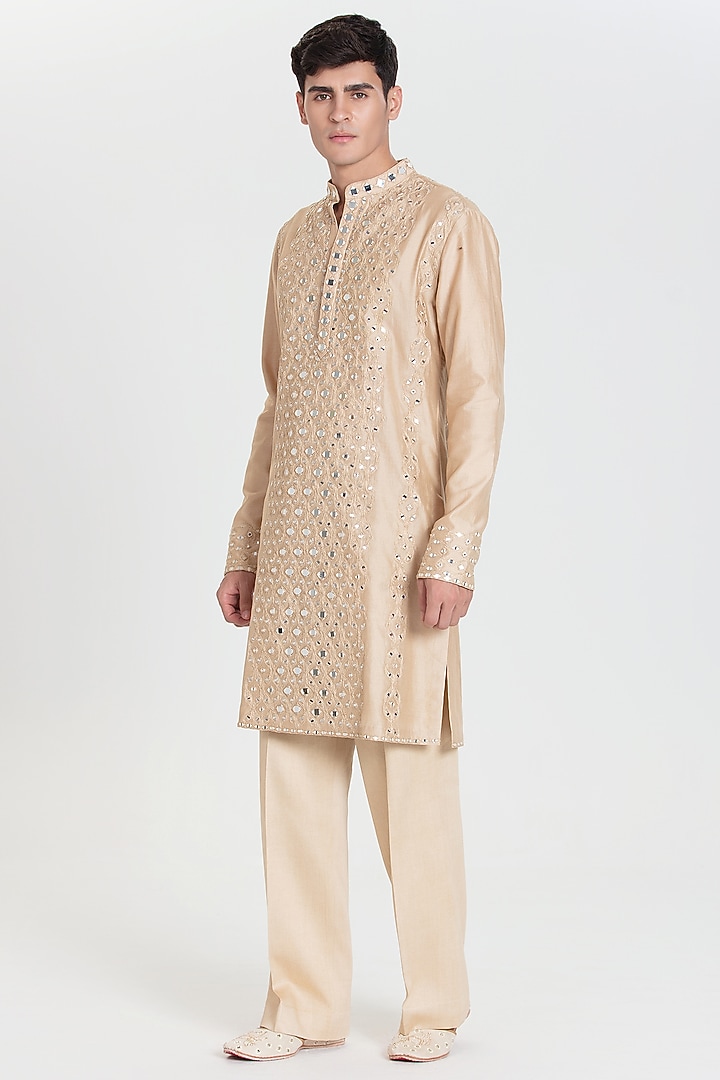 Beige Chanderi Kurta Set by Abhinav Mishra Men at Pernia's Pop Up Shop