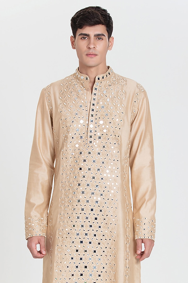 Beige Chanderi Kurta Set by Abhinav Mishra Men at Pernia's Pop Up Shop