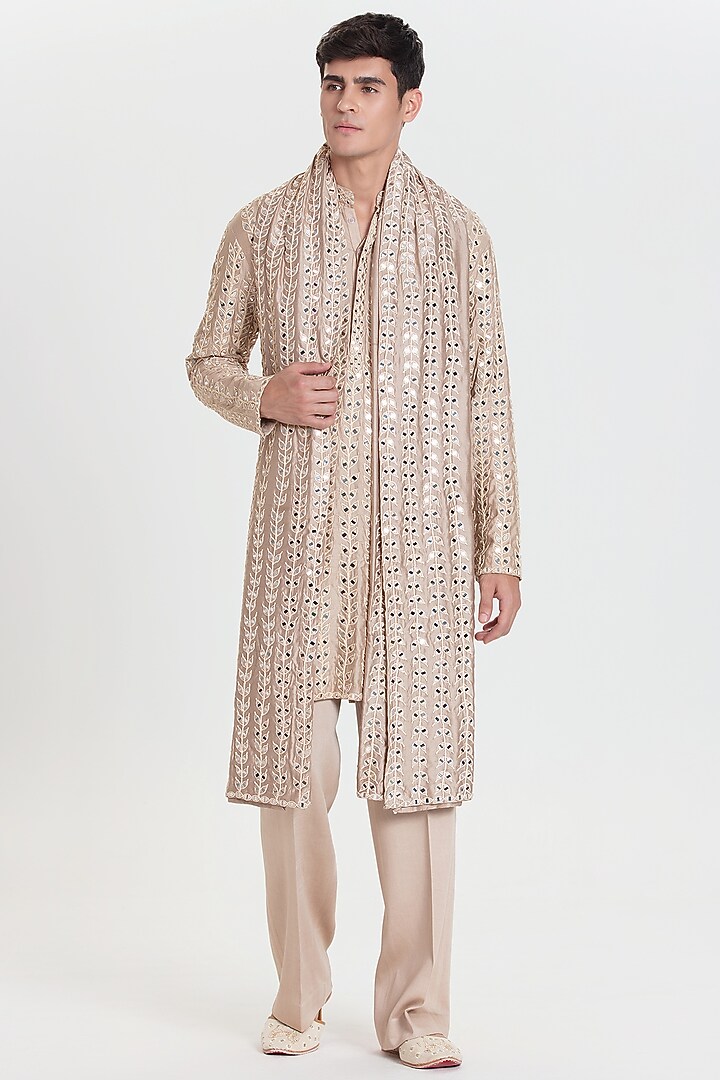 Beige Chanderi Kurta Set by Abhinav Mishra Men at Pernia's Pop Up Shop