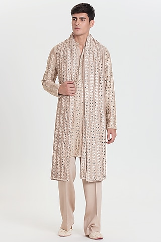 Beige Chanderi Kurta Set by Abhinav Mishra Men