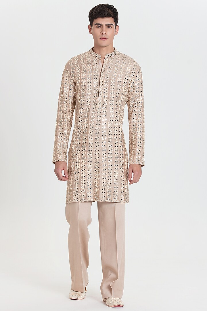 Beige Chanderi Kurta Set by Abhinav Mishra Men at Pernia's Pop Up Shop