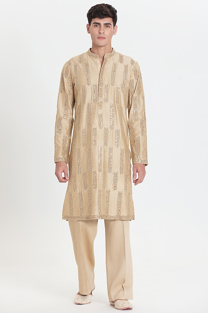 Beige Chanderi Kurta Set by Abhinav Mishra Men at Pernia's Pop Up Shop