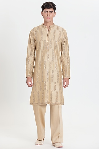 Beige Chanderi Kurta Set by Abhinav Mishra Men