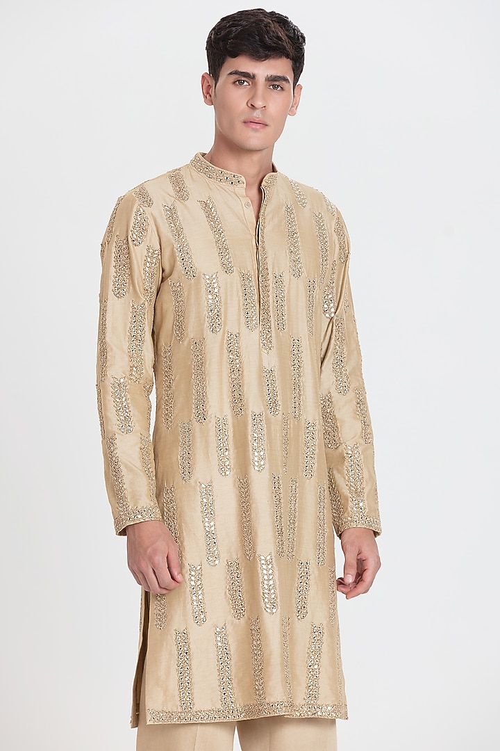 Beige Chanderi Kurta Set by Abhinav Mishra Men at Pernia's Pop Up Shop