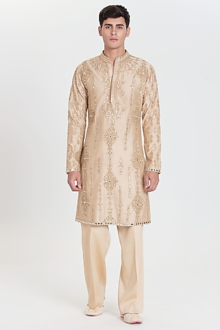 Beige Chanderi Kurta Set by Abhinav Mishra Men