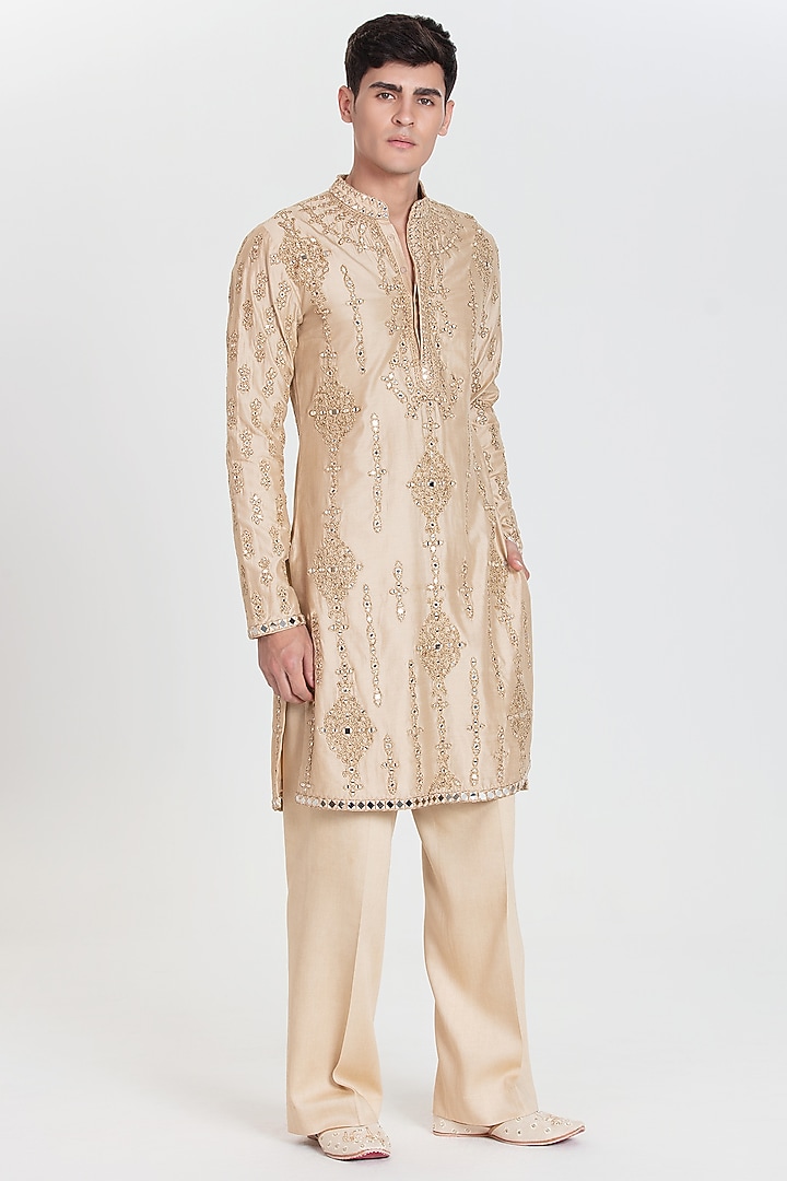 Beige Chanderi Kurta Set by Abhinav Mishra Men at Pernia's Pop Up Shop