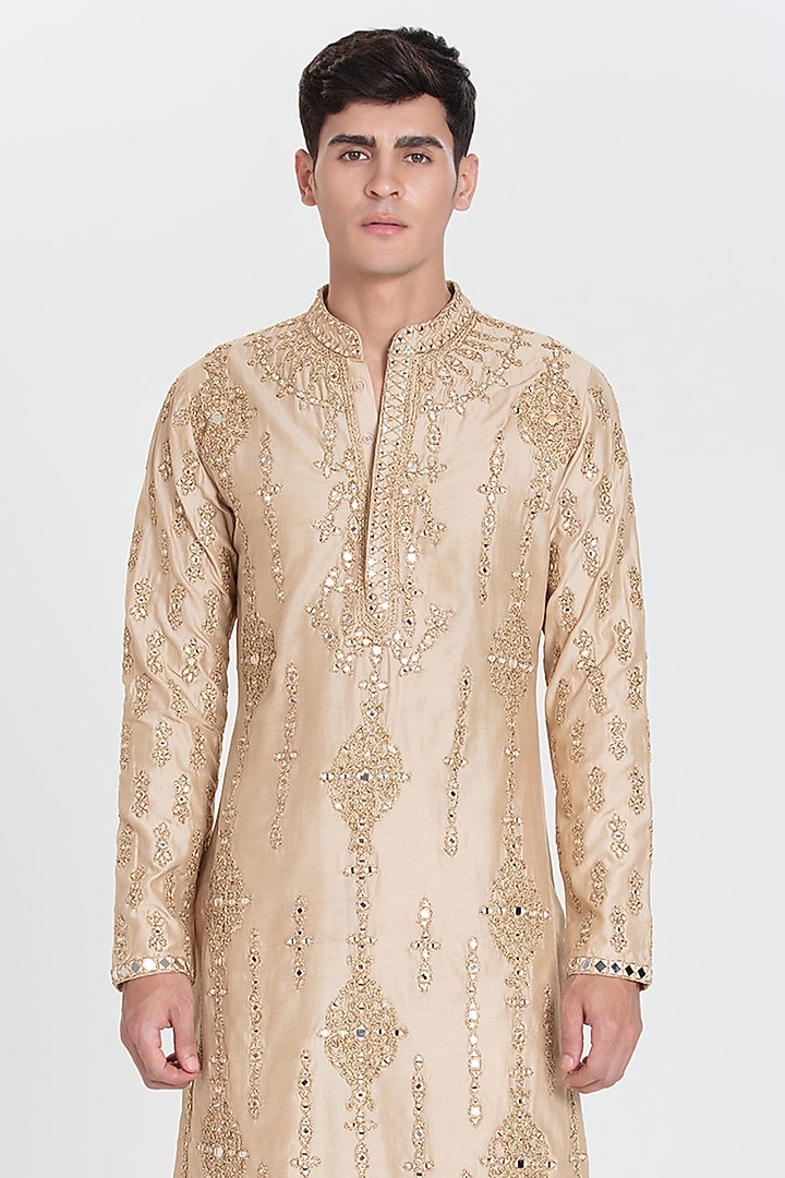 Beige Chanderi Kurta Set by Abhinav Mishra Men at Pernia's Pop Up Shop