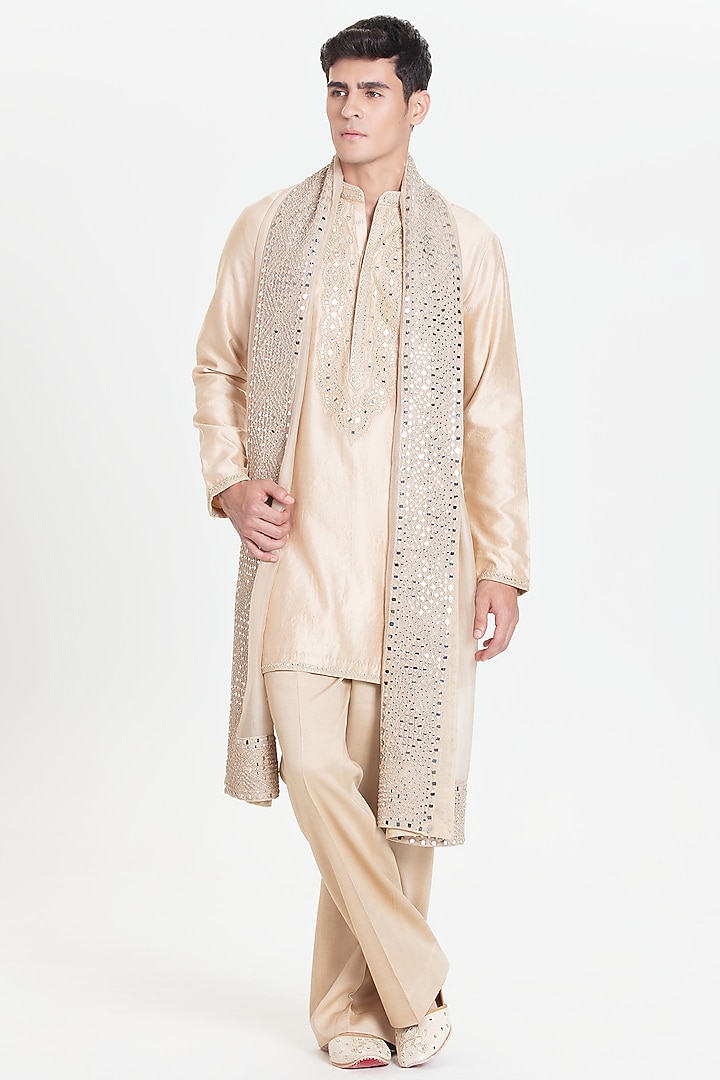 Beige Chanderi Kurta Set by Abhinav Mishra Men at Pernia's Pop Up Shop