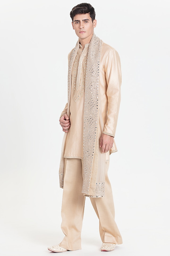 Beige Chanderi Kurta Set by Abhinav Mishra Men at Pernia's Pop Up Shop