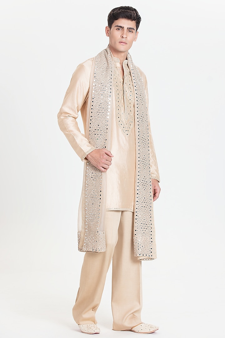 Beige Chanderi Kurta Set by Abhinav Mishra Men at Pernia's Pop Up Shop