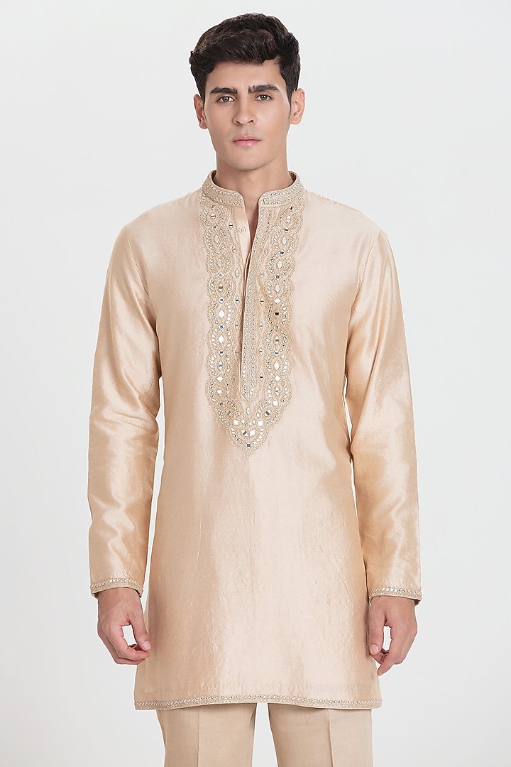 Beige Chanderi Kurta Set by Abhinav Mishra Men at Pernia's Pop Up Shop