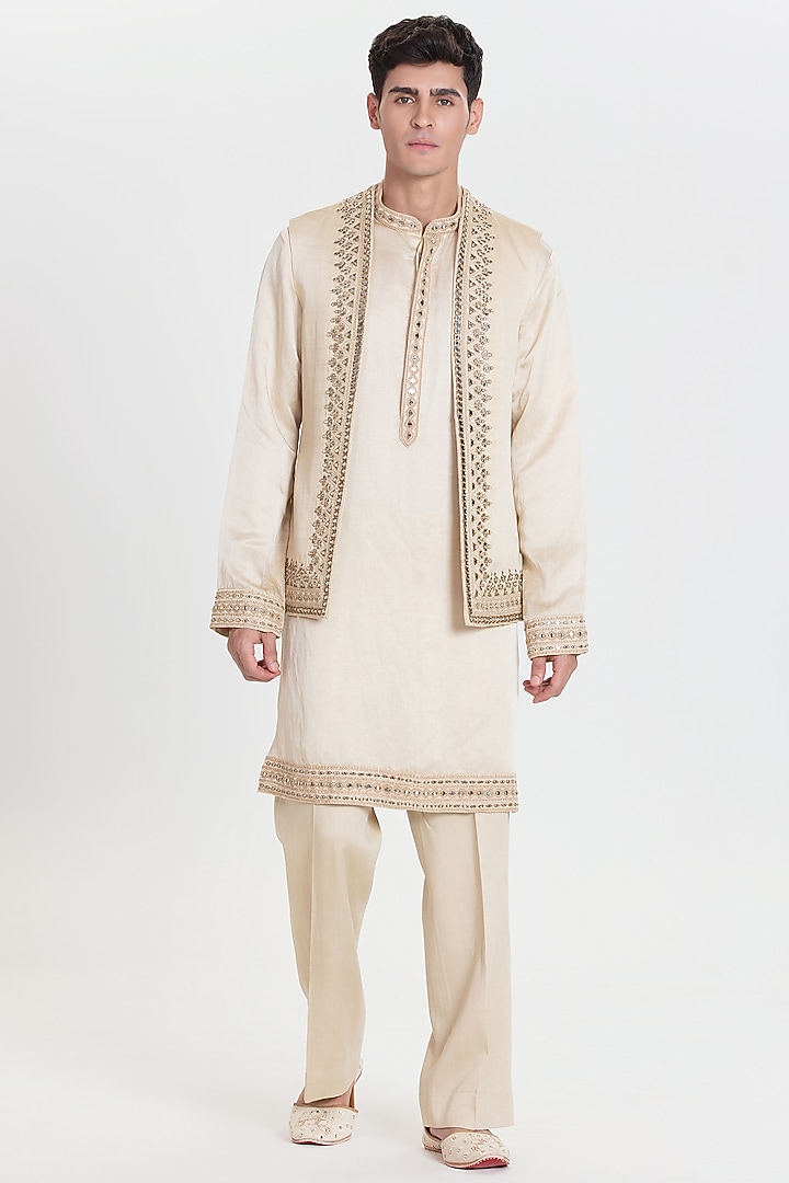 Beige Chanderi Bundi Jacket Set by Abhinav Mishra Men at Pernia's Pop Up Shop
