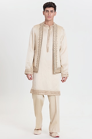 Beige Chanderi Bundi Jacket Set by Abhinav Mishra Men