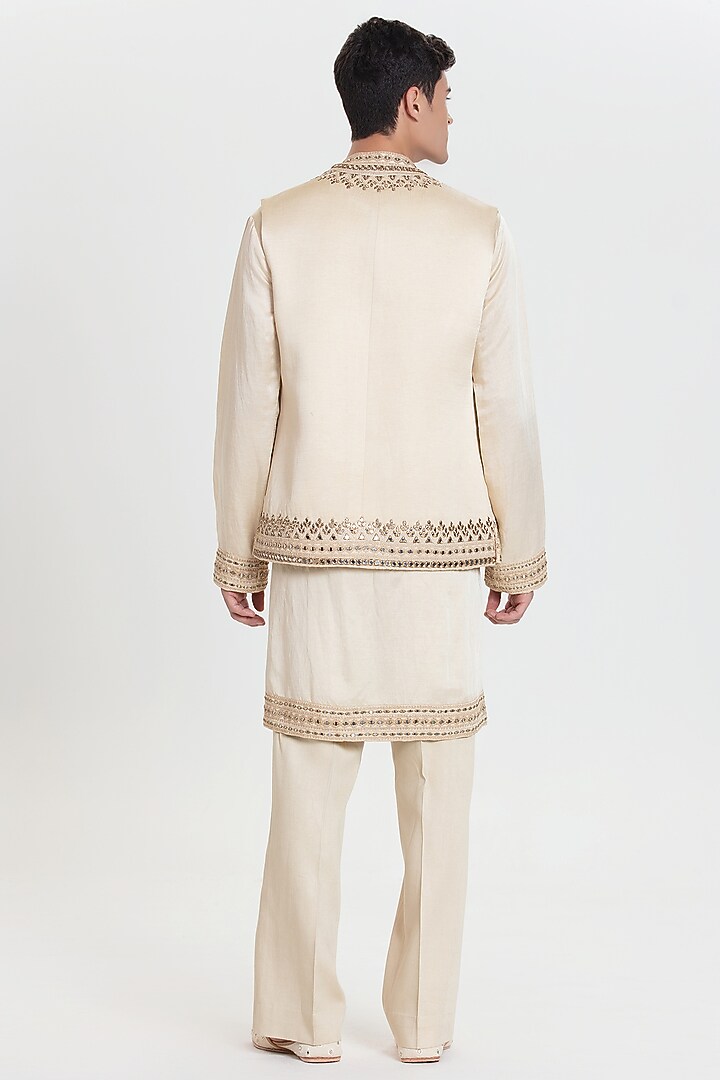 Beige Chanderi Bundi Jacket Set by Abhinav Mishra Men at Pernia's Pop Up Shop