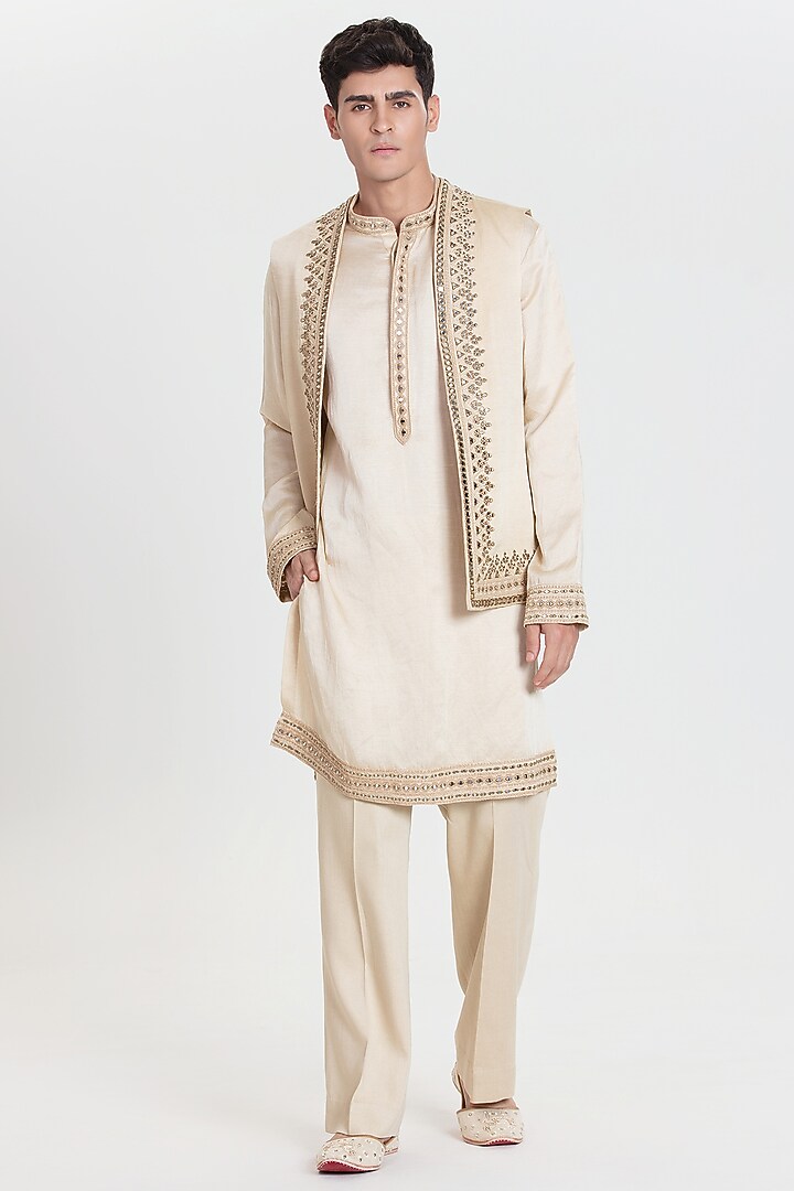 Beige Chanderi Bundi Jacket Set by Abhinav Mishra Men at Pernia's Pop Up Shop