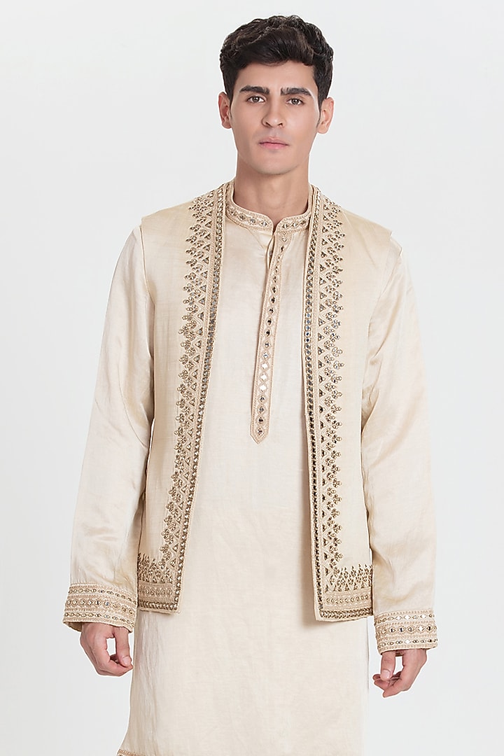 Beige Chanderi Bundi Jacket Set by Abhinav Mishra Men at Pernia's Pop Up Shop