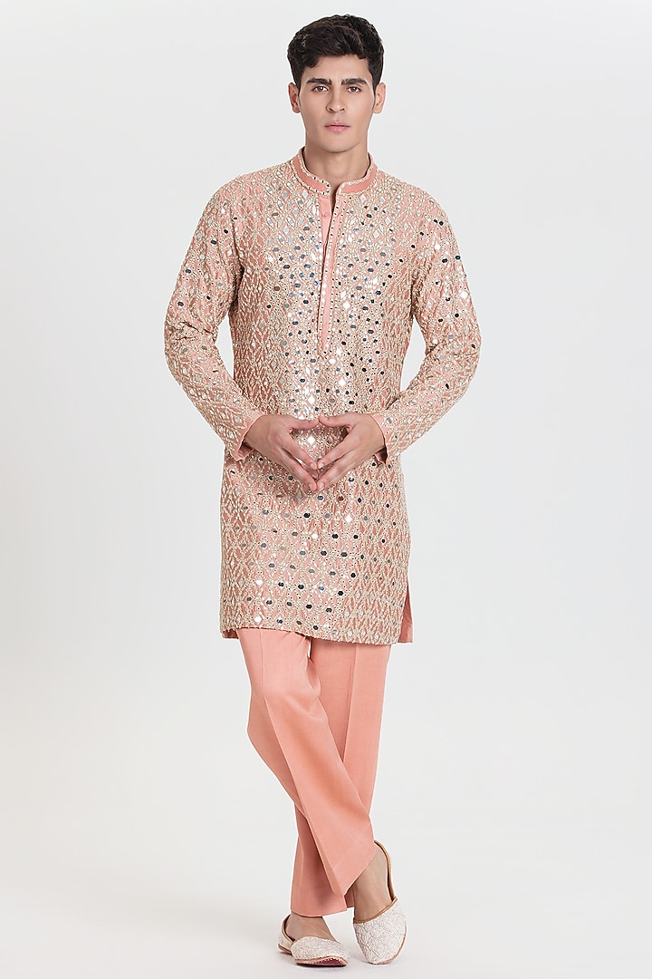Light Salmon Pink Chanderi Kurta Set by Abhinav Mishra Men at Pernia's Pop Up Shop