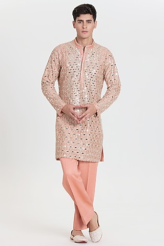 Light Salmon Pink Chanderi Kurta Set by Abhinav Mishra Men