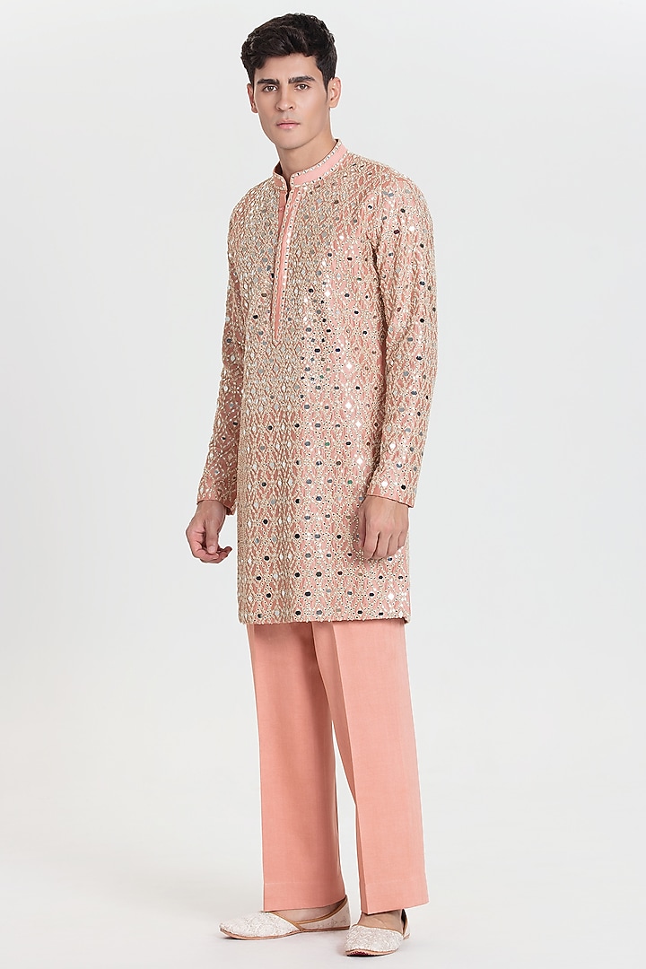 Light Salmon Pink Chanderi Kurta Set by Abhinav Mishra Men at Pernia's Pop Up Shop