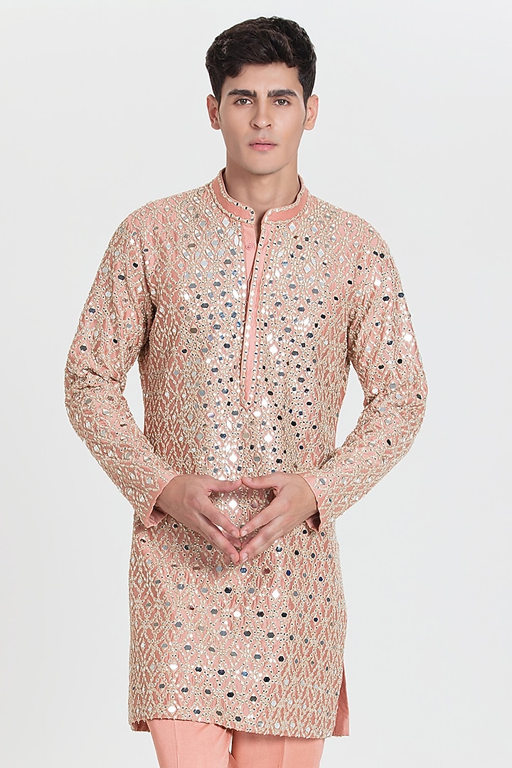 Light Salmon Pink Chanderi Kurta Set by Abhinav Mishra Men at Pernia's Pop Up Shop