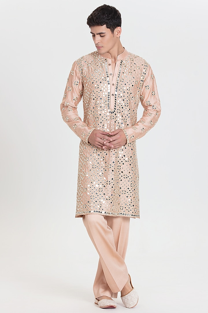 Peach Chanderi Kurta Set by Abhinav Mishra Men at Pernia's Pop Up Shop