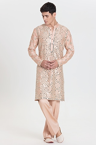 Peach Chanderi Kurta Set by Abhinav Mishra Men