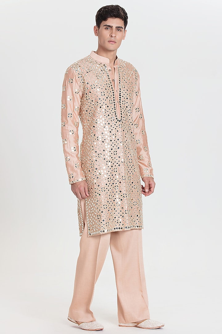 Peach Chanderi Kurta Set by Abhinav Mishra Men at Pernia's Pop Up Shop
