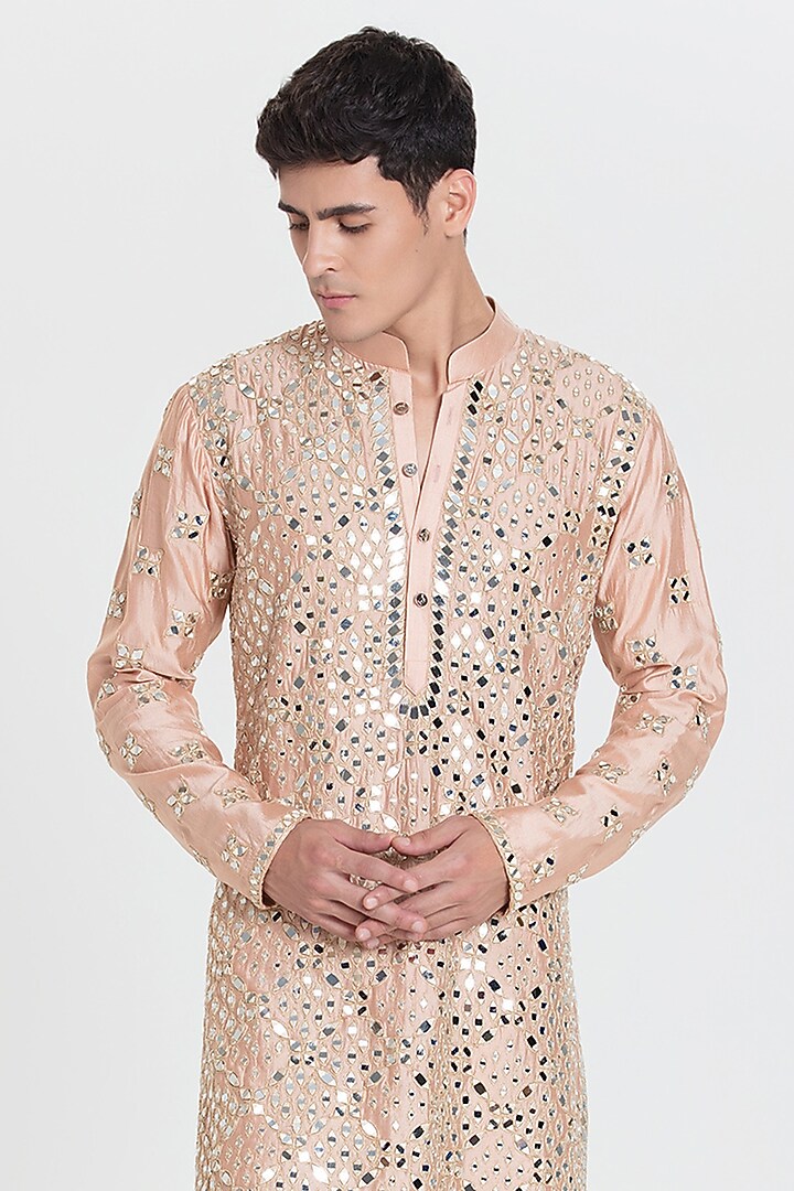 Peach Chanderi Kurta Set by Abhinav Mishra Men at Pernia's Pop Up Shop