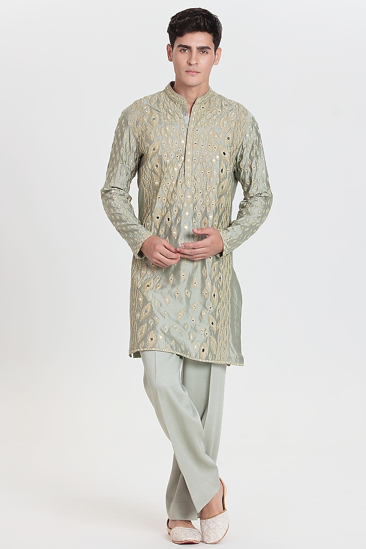 Pistachio Green Chanderi Kurta Set by Abhinav Mishra Men at Pernia's Pop Up Shop