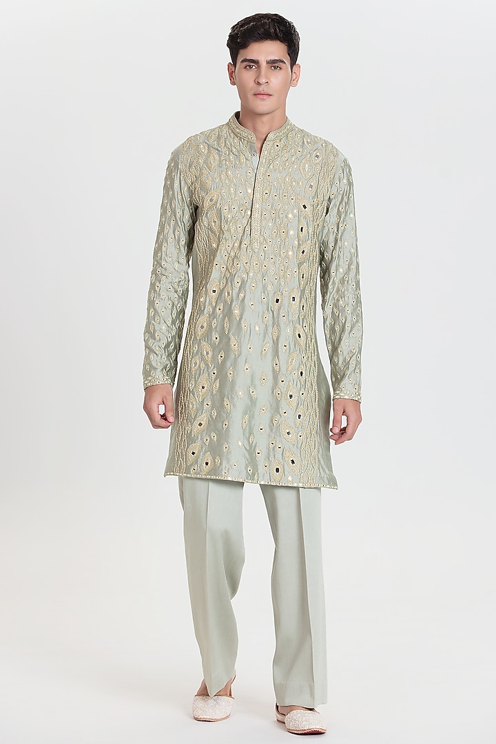 Pistachio Green Chanderi Kurta Set by Abhinav Mishra Men at Pernia's Pop Up Shop