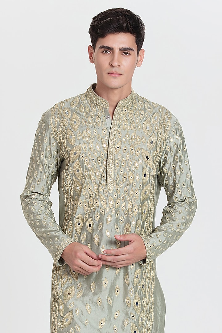Pistachio Green Chanderi Kurta Set by Abhinav Mishra Men at Pernia's Pop Up Shop