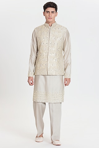 Pearl Grey Chanderi Bundi Jacket Set by Abhinav Mishra Men