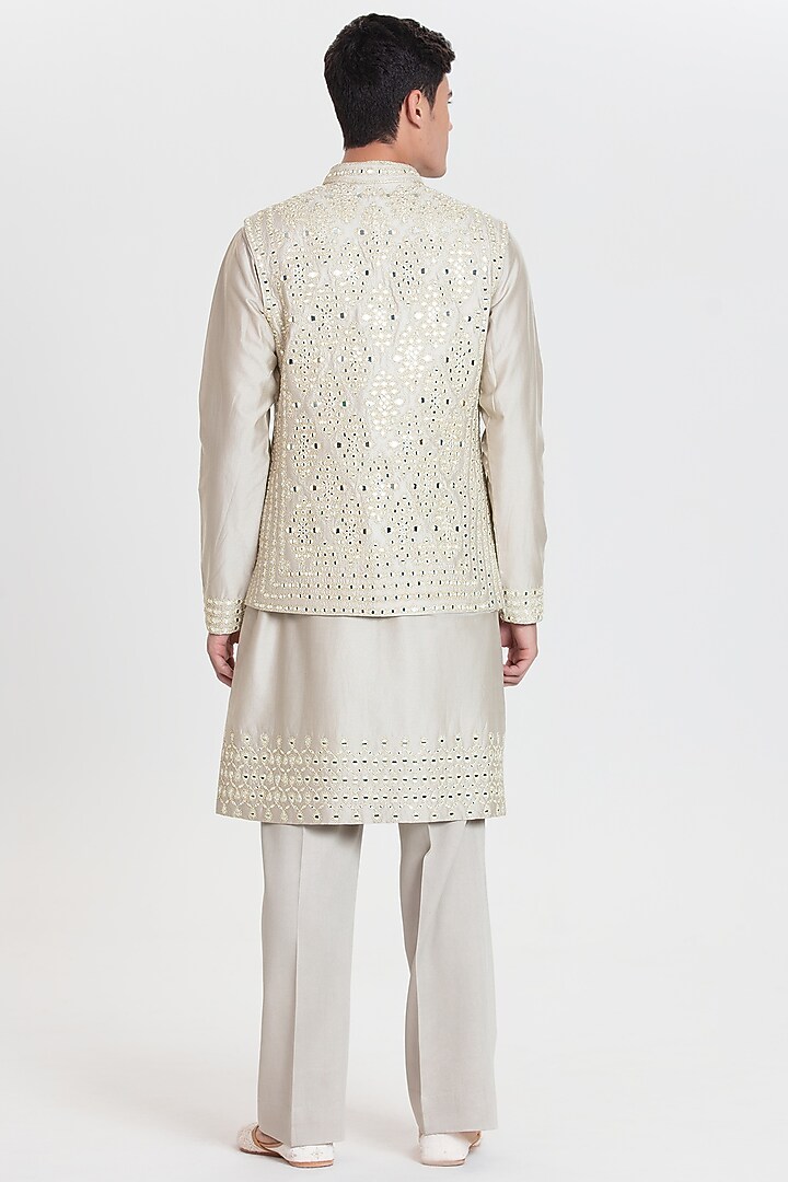 Pearl Grey Chanderi Bundi Jacket Set by Abhinav Mishra Men at Pernia's Pop Up Shop
