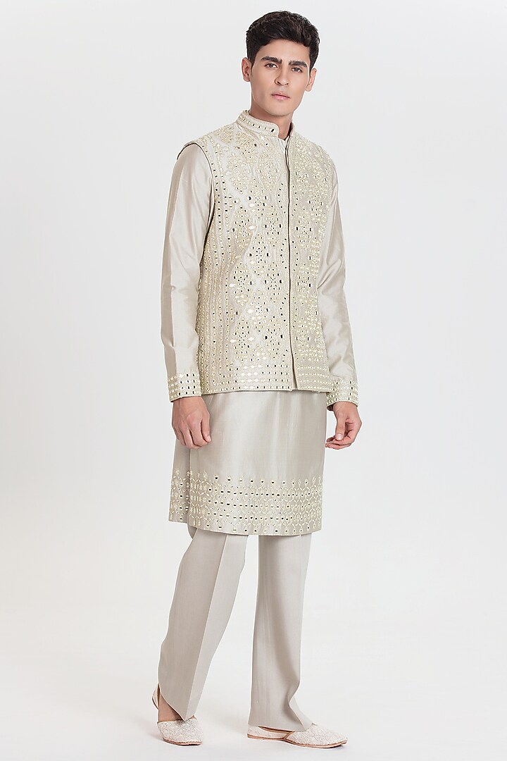Pearl Grey Chanderi Bundi Jacket Set by Abhinav Mishra Men at Pernia's Pop Up Shop