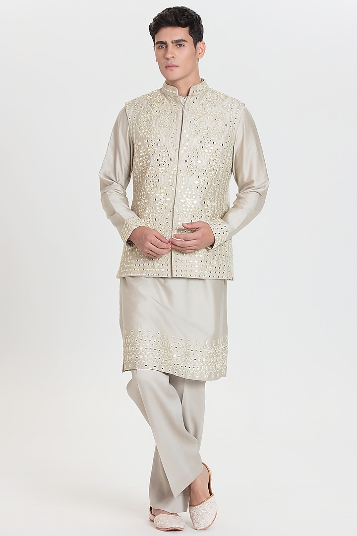 Pearl Grey Chanderi Bundi Jacket Set by Abhinav Mishra Men at Pernia's Pop Up Shop
